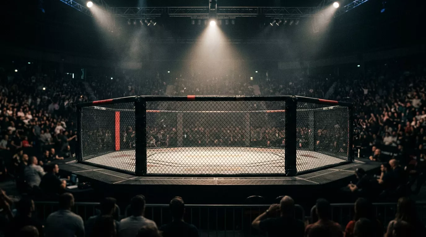 Octágono iluminado de un combate de MMA visto desde la grada antes del inicio de la pelea
