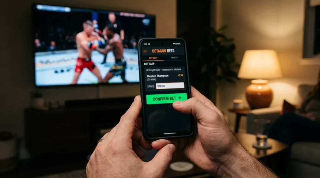 Manos sosteniendo un móvil con app de apuestas MMA en directo y combate UFC al fondo