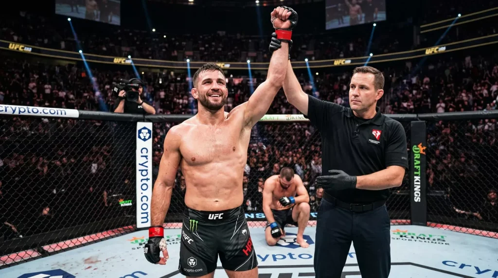 Árbitro de MMA detiene un combate en el octágono levantando el brazo del luchador ganador
