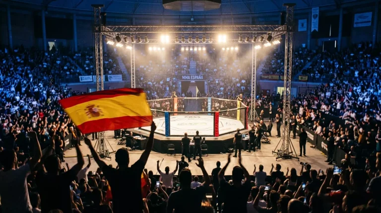 Octágono de MMA en una arena española llena, con una bandera de España ondeando entre el público bajo los focos del evento.
