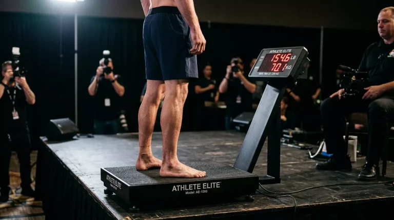 Báscula oficial de pesaje para combate de MMA con luchador subido descalzo