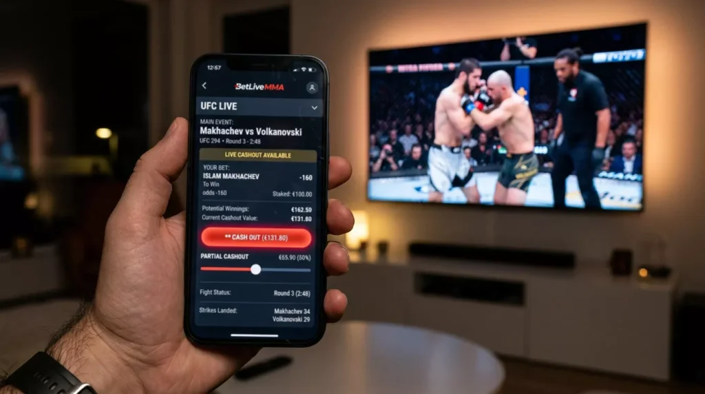 Pantalla de cashout en una apuesta UFC en directo desde una app móvil