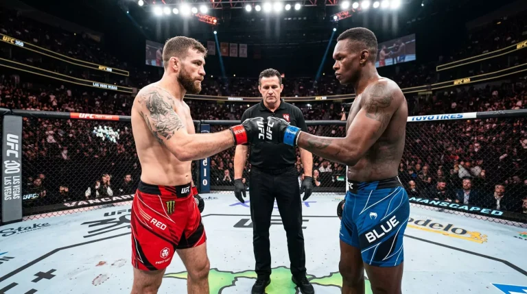 Dos luchadores de MMA tocan guantes en el centro del octágono al inicio del combate