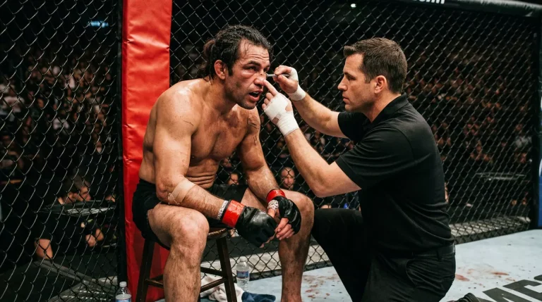 Esquina del octágono de MMA durante el descanso entre asaltos, con el cutman atendiendo al peleador bajo los focos de la arena.