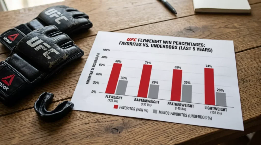 Gráfica de barras comparando porcentaje de victorias de favoritos y underdogs UFC por división de peso