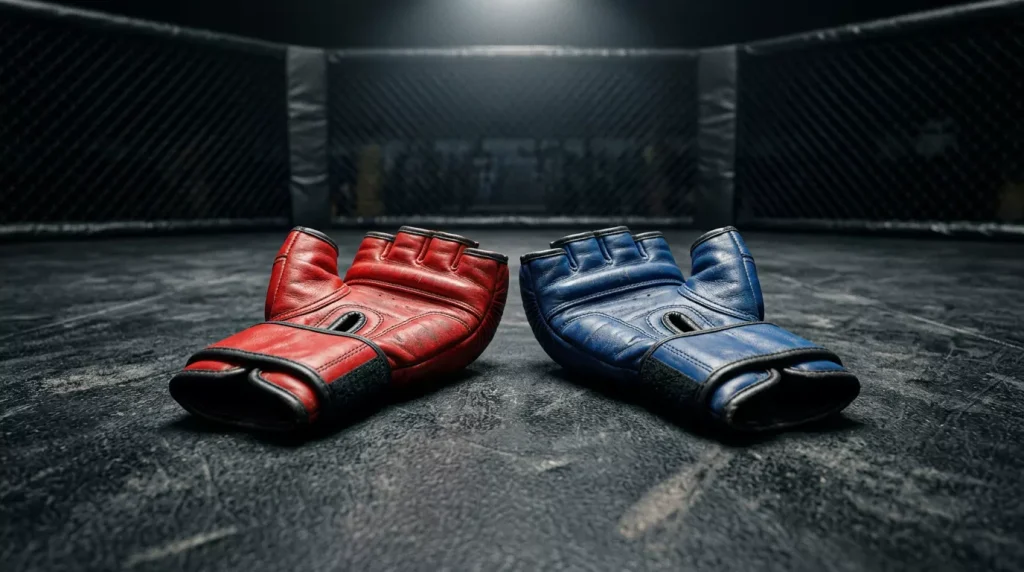 Par de guantes de MMA rojo y azul colocados sobre la lona del octágono iluminado, listos para un combate de UFC.