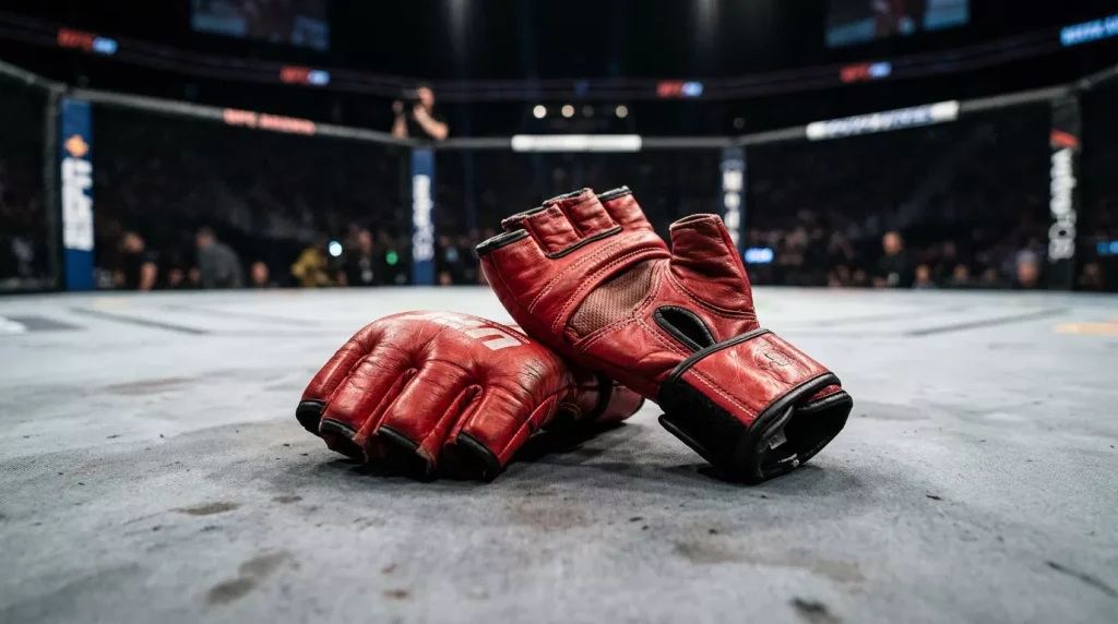 Guantes de MMA rojos colocados sobre la lona del octágono iluminado antes de un combate
