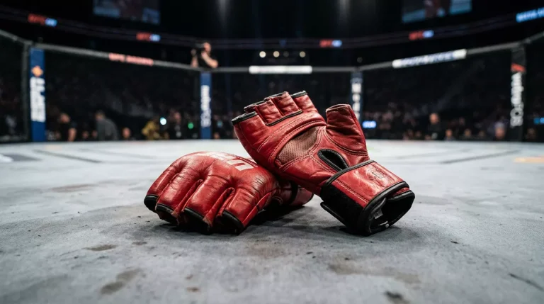 Guantes de MMA rojos colocados sobre la lona del octágono iluminado antes de un combate
