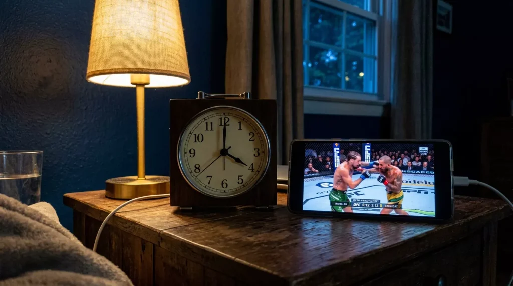 Reloj despertador marcando las 4 de la madrugada junto a una pantalla con cartelera UFC