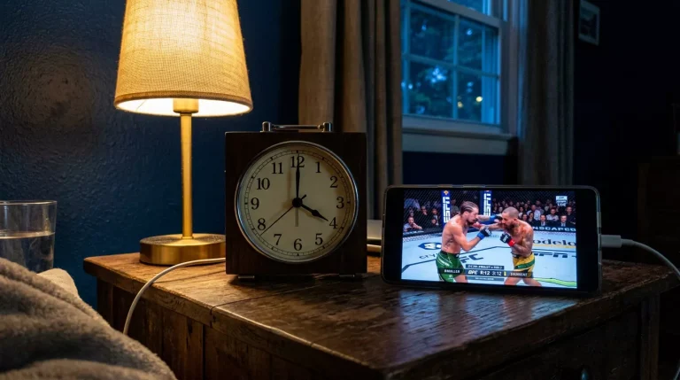 Reloj despertador marcando las 4 de la madrugada junto a una pantalla con cartelera UFC