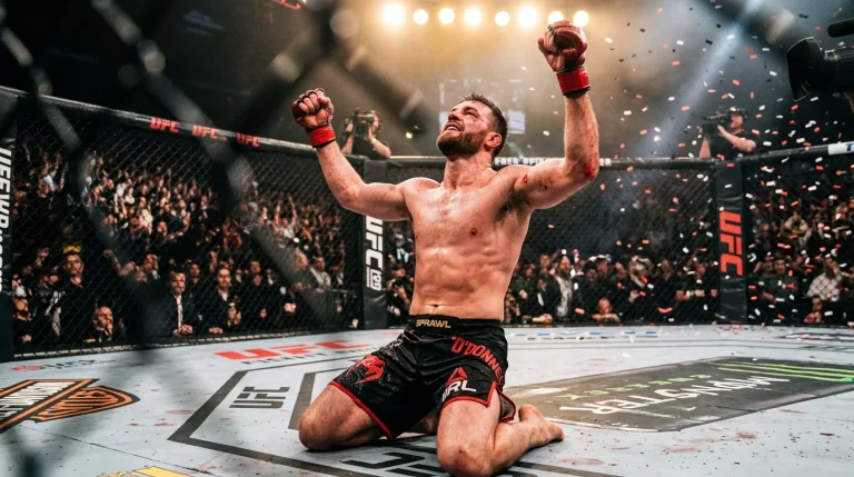 Luchador de MMA con guantes rojos celebra victoria de rodillas en el centro del octágono