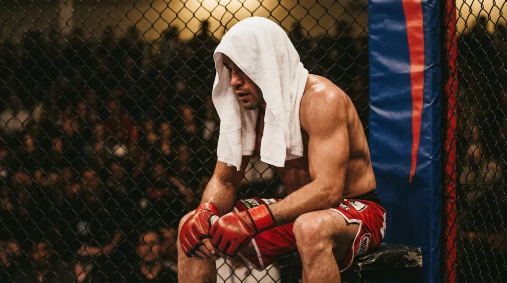 Luchador de MMA sentado en su rincón de la jaula con guantes y casco protector entre asaltos