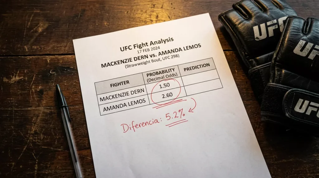 Tablero con cuotas decimales de un combate UFC y el margen de la casa anotado al lado en porcentaje