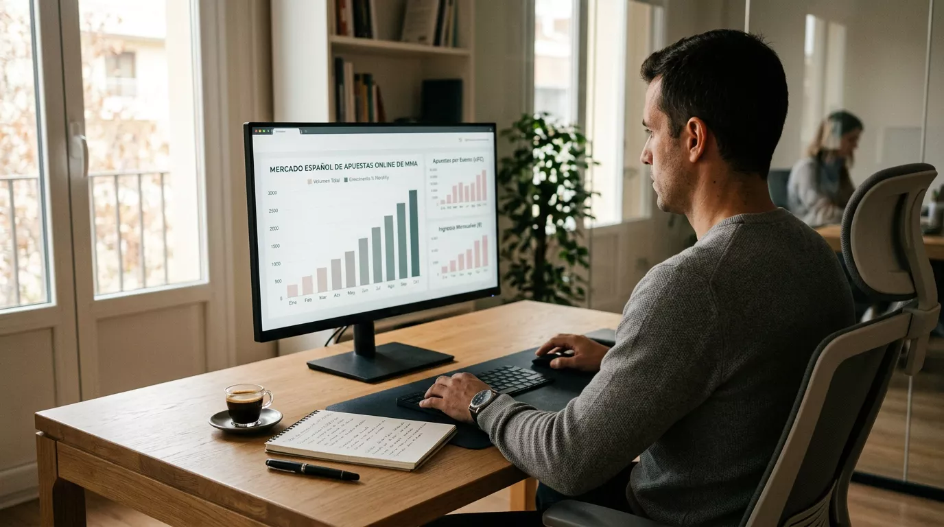 Analista revisa gráficos de barras del mercado español de apuestas online de MMA en una pantalla mate