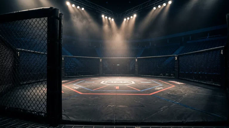 Octágono vacío de MMA iluminado bajo los focos de una arena profesional antes de un combate regulado.