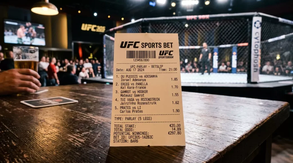 Boleto de parlay con cinco selecciones de combates UFC y cuotas decimales