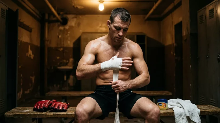 Peleador de MMA vendándose las manos en el vestuario antes del combate, con la mirada concentrada bajo la luz cálida del túnel.