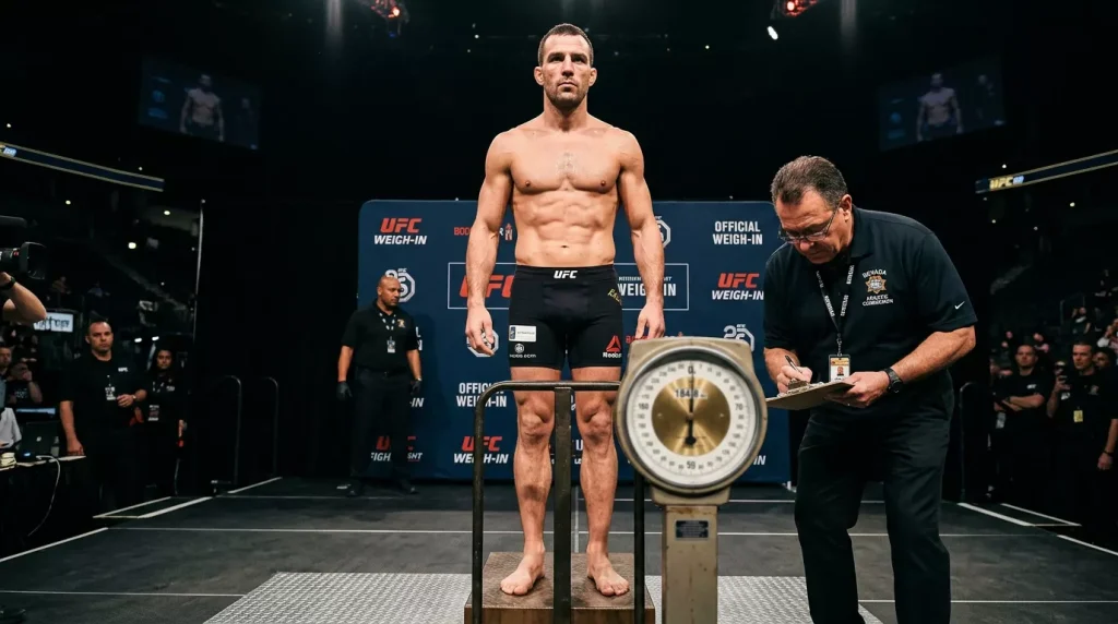Peleador UFC subido a la báscula durante el pesaje oficial previo al combate