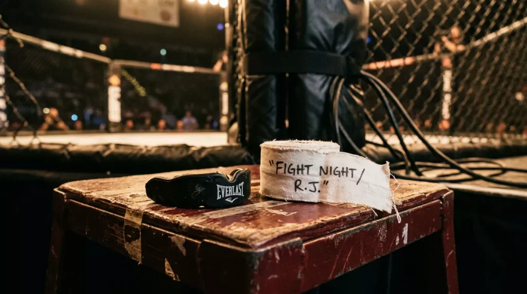Protector bucal y tape de manos sobre el taburete del rincón en una jaula de MMA