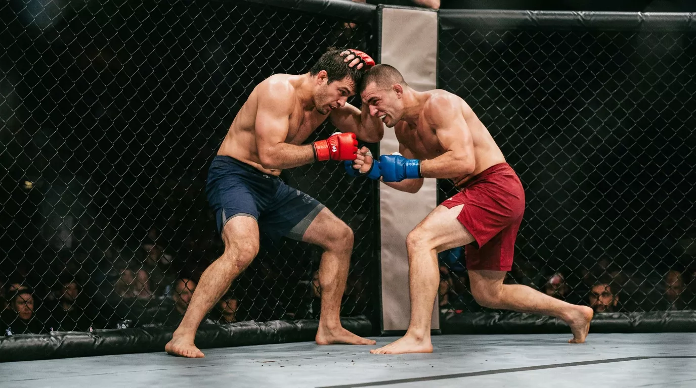 Dos peleadores de MMA enfrentados en posición de guardia dentro del octágono iluminado bajo focos cenitales