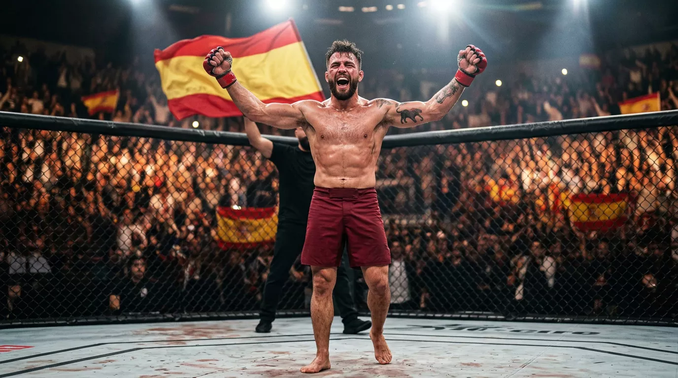 Peleador hispanohablante celebra una victoria con bandera de España al fondo en un pabellón lleno