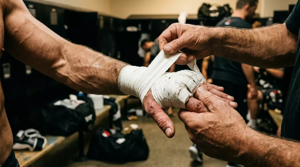 Manos de un luchador de MMA siendo vendadas con tape blanco antes de salir al combate